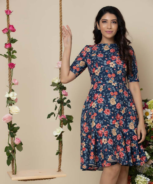 Half Sleeve Hem Paneled Flared Dress